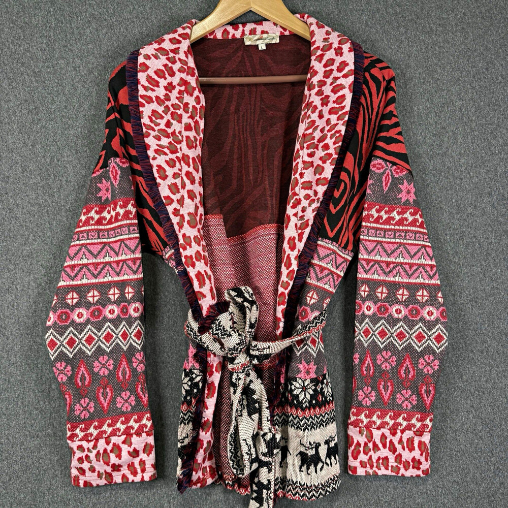 Camaleonica by Capriche Cardigan Womens Large Red Pink Belted Mixed Print Fringe